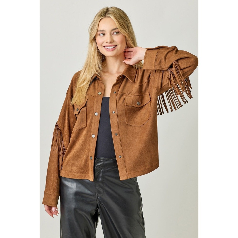 Mystree Fringe Faux Suede Jacket Womens Large Brown Western Shacket NWT